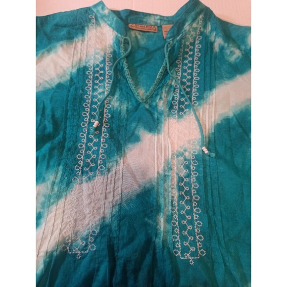 Art and Soul - Boho Tunic Large 3/4 Sleeve Tie-Die Turquoise/White Smocked Front - Picture 3 of 8